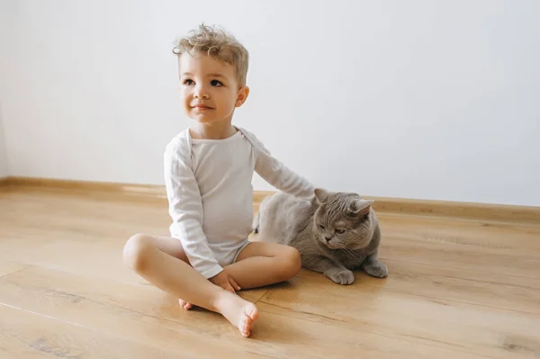 Cute little child in white bodysuit and grey british shorthair cat at home — Stock Photo