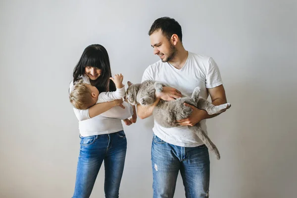 Retrato de padres felices sosteniendo al niño pequeño y al gato gris en casa - foto de stock