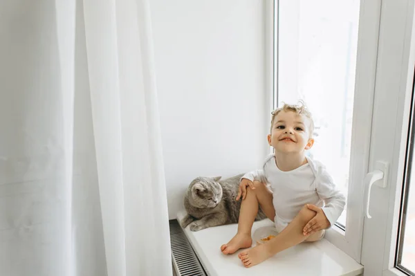 Mignon enfant souriant avec chat britannique gris à poil court sur le rebord de la fenêtre à la maison — Photo de stock