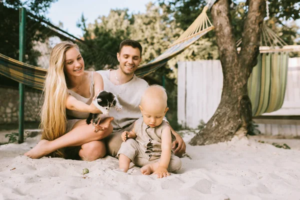 Familia feliz con su pequeño hijo y gatito en el campo - foto de stock