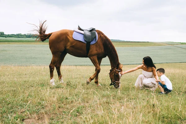 Madre e hijo palmando caballo en el campo - foto de stock
