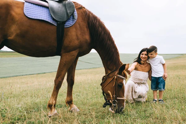 Мати і син дивиться на коричневого коня на полі — стокове фото