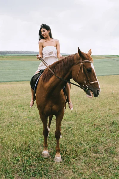 Schöne Frau reitet braunes Pferd auf Feld — Stockfoto