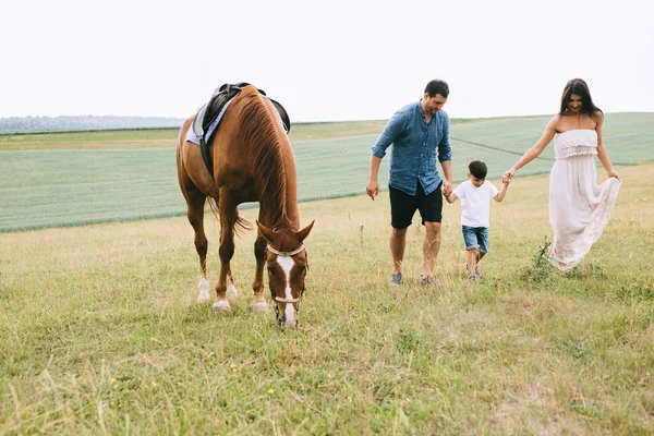 Padres e hijo tomados de la mano y caminando cerca del caballo en el campo - foto de stock