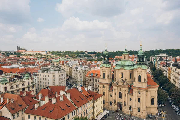PRAGUE, CZECH REPUBLIC - JULY 23, 2018: aerial view of beautiful old town and prague cityscape — Stock Photo