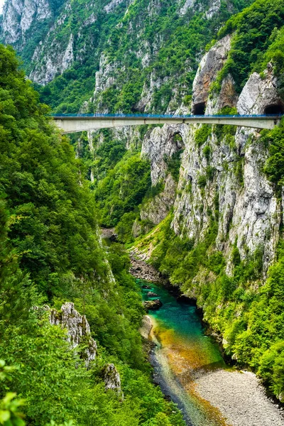 Puente entre montañas sobre el hermoso río Piva en el cañón del Piva en Montenegro - foto de stock