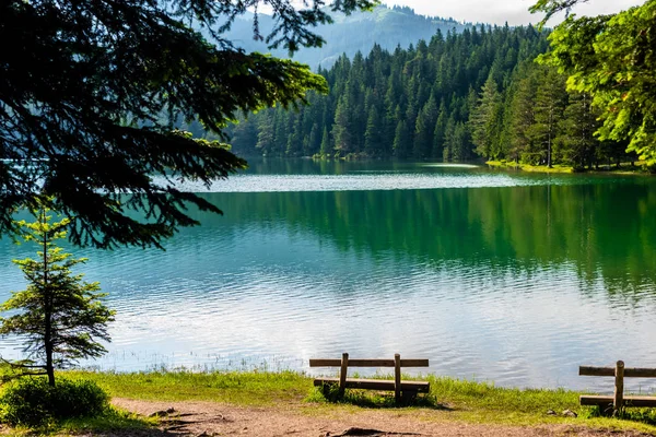 Benches on coast of beautiful glacial Black Lake in Montenegro — Stock Photo
