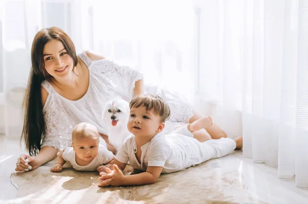 Belle mère heureuse passer du temps avec les enfants et le chien de bichon sur le sol — Photo de stock