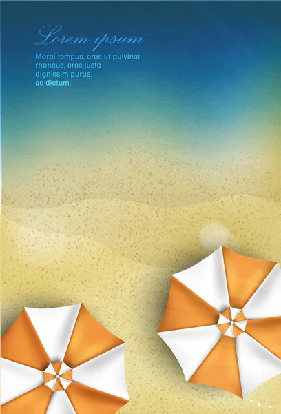 Spiaggia Soleggiata Mare Sabbia Ombrelloni Con Testo Campione — Vettoriale Stock