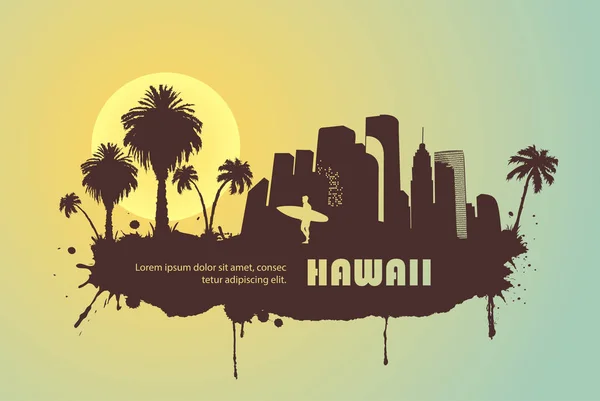 Silhouette City Surfer Palm Trees Sample Text — Stock Vector