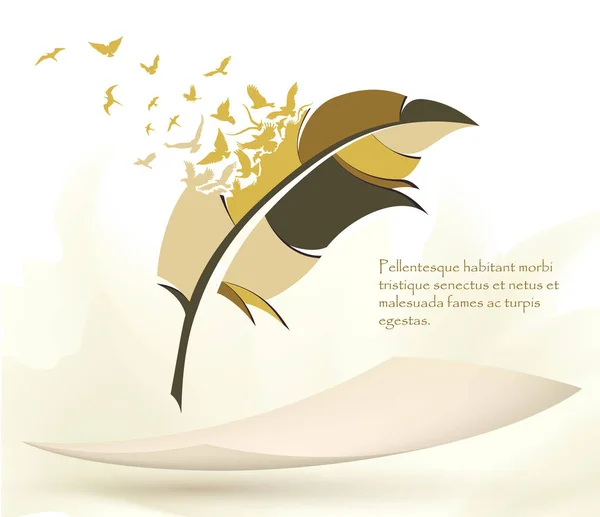 Plume Écriture Plume Multicolore Avec Des Oiseaux Volants Livre Ouvert — Image vectorielle