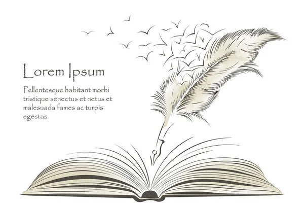 Scrittura Vecchia Vernice Piuma Con Uccelli Volanti Libro Aperto — Vettoriale Stock