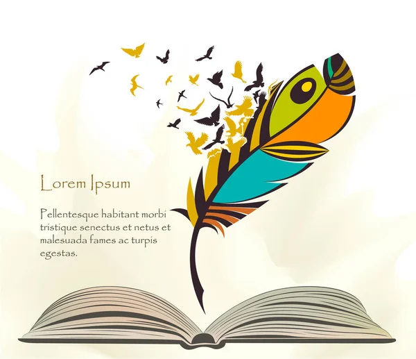 Psaní Perem Různobarevné Peří Létající Ptáci Otevřenou Knihou — Stockový vektor
