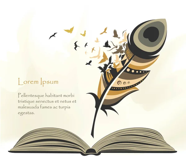 Plume Écriture Plume Multicolore Avec Des Oiseaux Volants Livre Ouvert — Image vectorielle