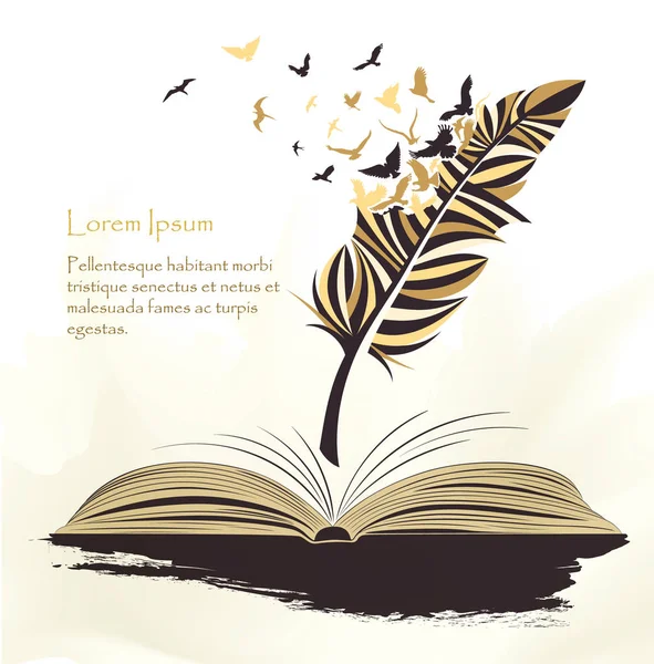 Pluma Escritura Pluma Multicolor Con Las Aves Voladoras Libro Abierto — Vector de stock