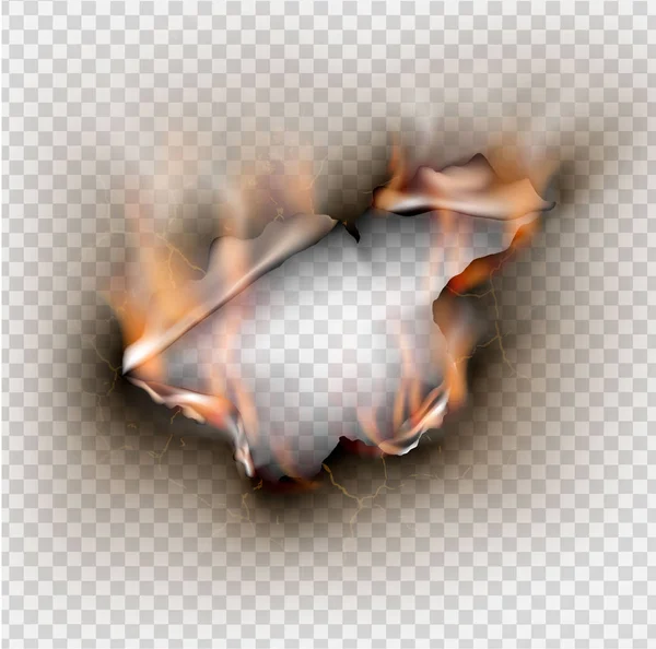 Loch in aufgerissenem Papier mit Brand und Flamme auf transparentem Papier — Stockvektor
