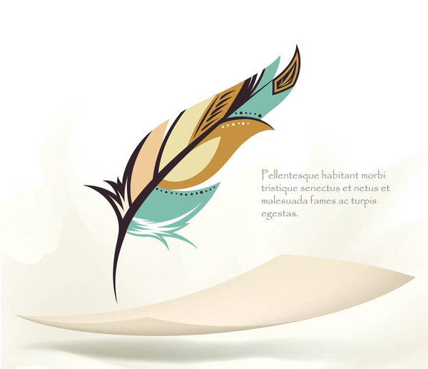 Пишет старое разноцветное перо с летающей бумагой
