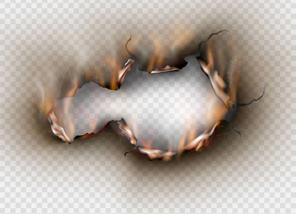 Otvor roztrhaný na průsvitném papíře s vypálenou a plamenem na průhledné — Stockový vektor