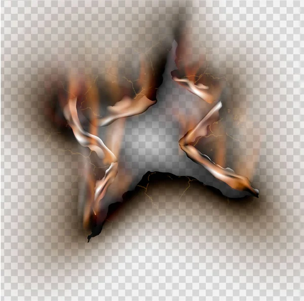 Trou déchiré dans du papier déchiré avec brûlé et flamme sur transparent — Image vectorielle