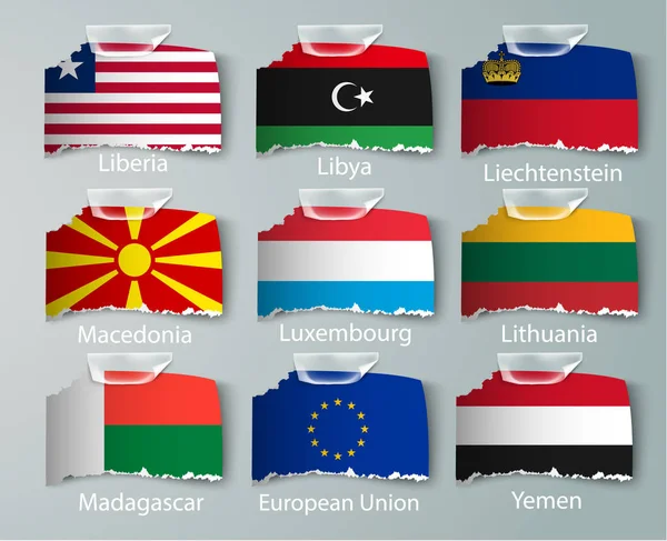 Conjunto realista de bandeiras de papel de países com fitas —  Vetores de Stock