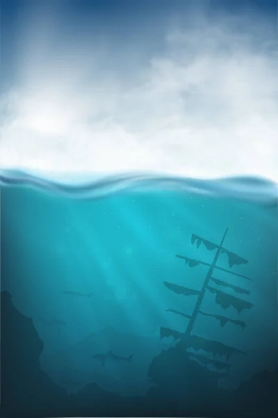 Unterwasser-Vektorschiff mit Hai und Meer — Stockvektor