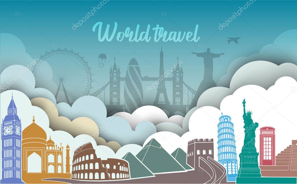 Travel, journey vector famous monuments of world in sky