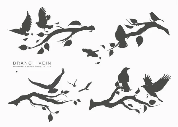 Figure set flock of flying birds on tree — Stock Vector