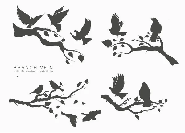 Figura conjunto bandada de aves voladoras en el árbol — Vector de stock