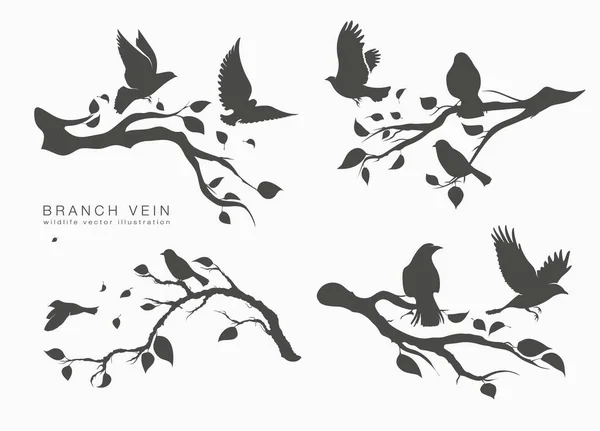 Figura conjunto bandada de aves voladoras en el árbol — Vector de stock