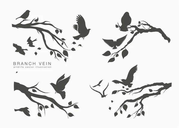 Figura conjunto bandada aves voladoras en rama de árbol — Vector de stock