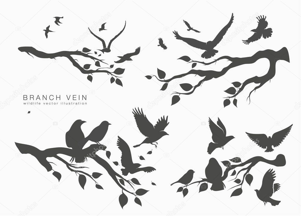 figure set flock of flying birds on tree branches