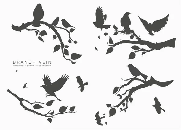Figura conjunto bandada de aves en rama de árbol — Vector de stock