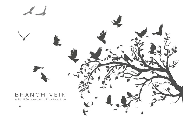 Figura bandada de aves voladoras en rama de árbol — Vector de stock
