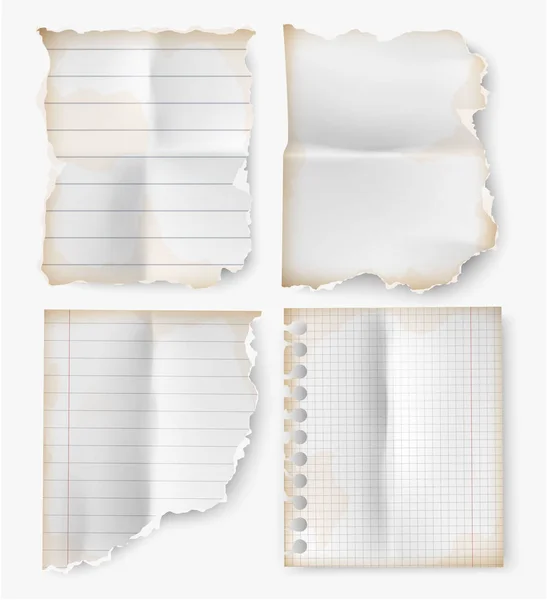 Conjunto realista hoja rasgada vintage de papel de cuaderno — Vector de stock