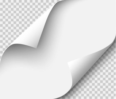 Saydam arka planda yalıtılmış reklam ve tanıtım iletisi için boş kağıda gölgeyle sayfa kıvırma