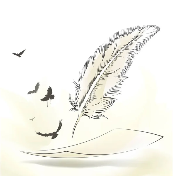 Scrittura vecchia piuma con uccelli volanti — Vettoriale Stock
