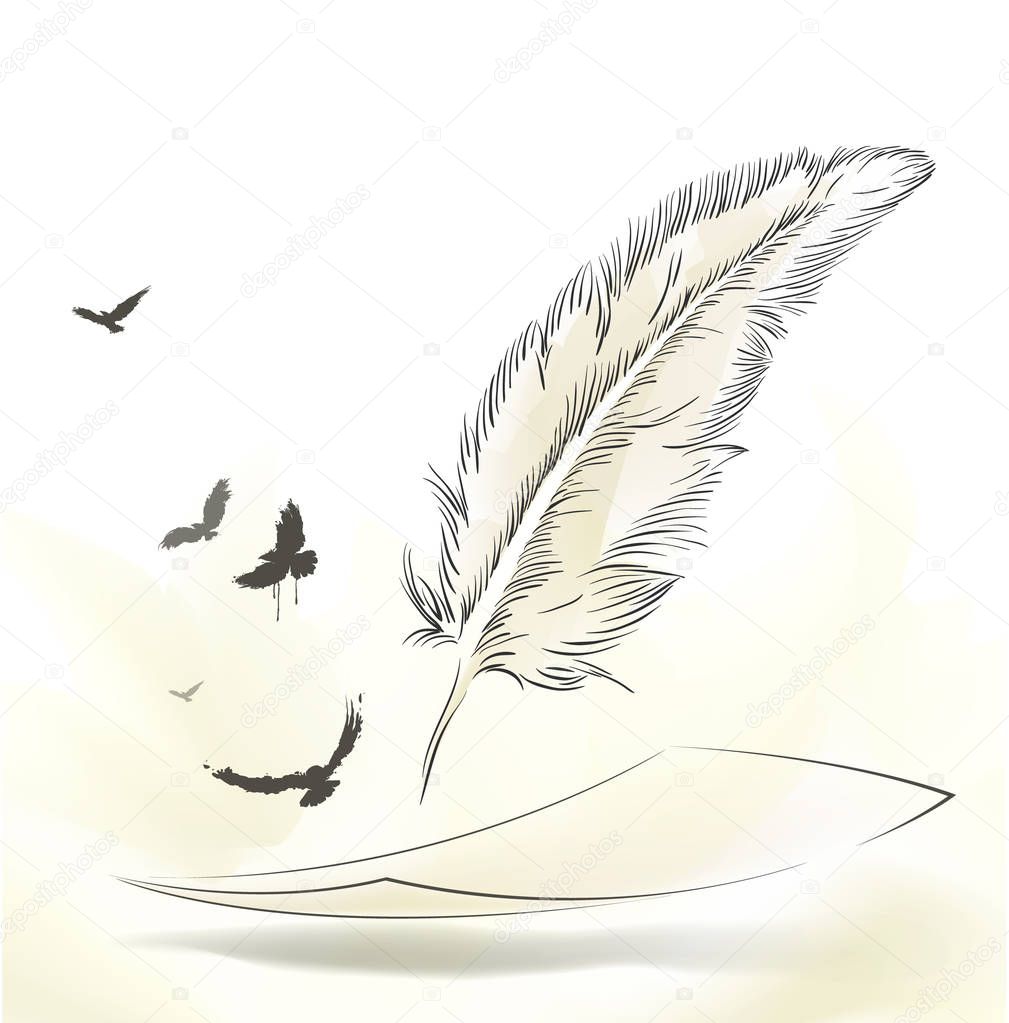 writing old feather with flying birds
