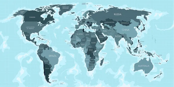 Wereld Kaart Blauwe Kleuren — Stockvector
