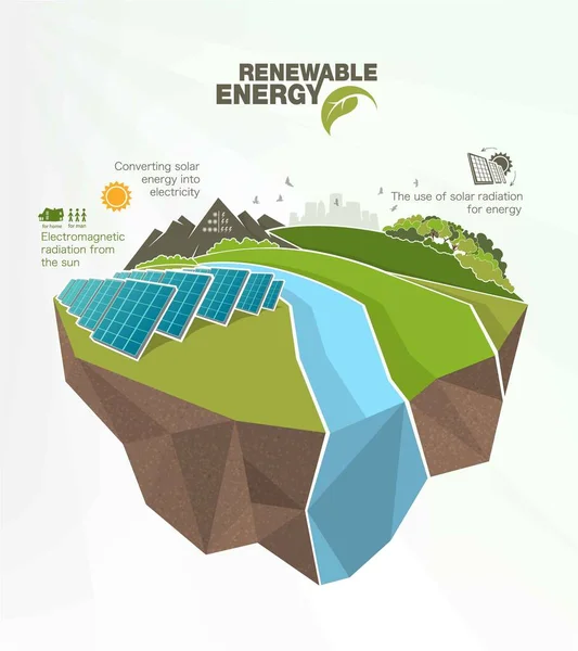 Infografías de energías renovables con elementos del agua del sol, viento y tierra — Archivo Imágenes Vectoriales