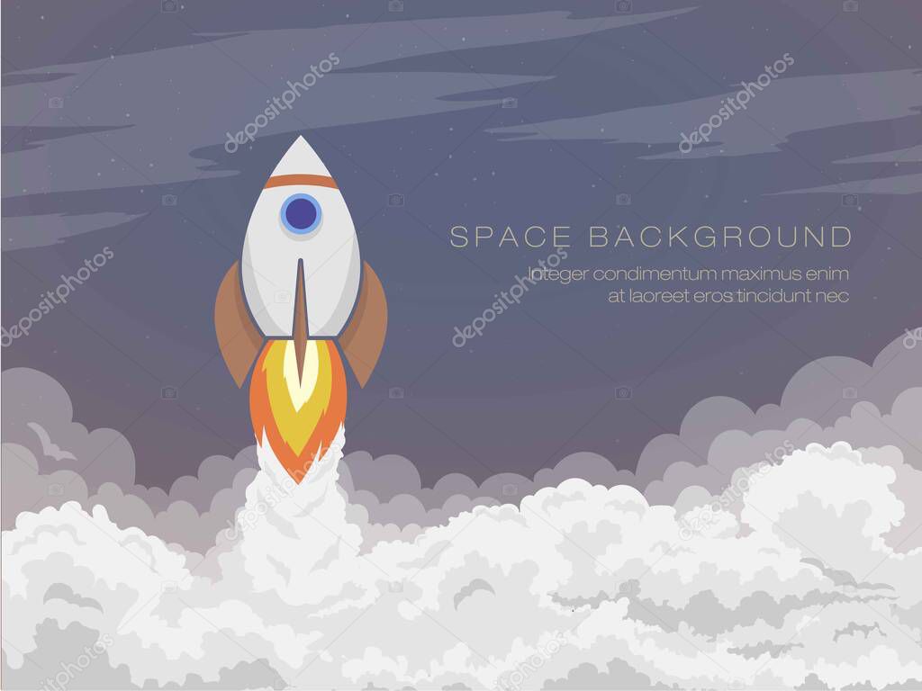 The cartoon space rocket flies into open space, starts with smoke 