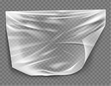 Beyaz arka planda plastik şeffaf bir selofan torbaya yakın vektör. Doku boş ve parlak görünüyor..