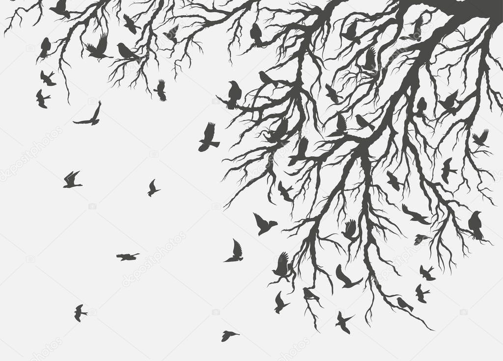 figure flock of flying birds on tree branch. Vector illustration