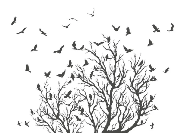 Figure troupeau d'oiseaux volants sur la branche d'arbre — Image vectorielle