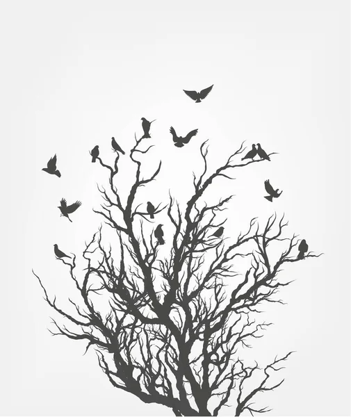 Figura bandada de aves voladoras en rama de árbol — Vector de stock