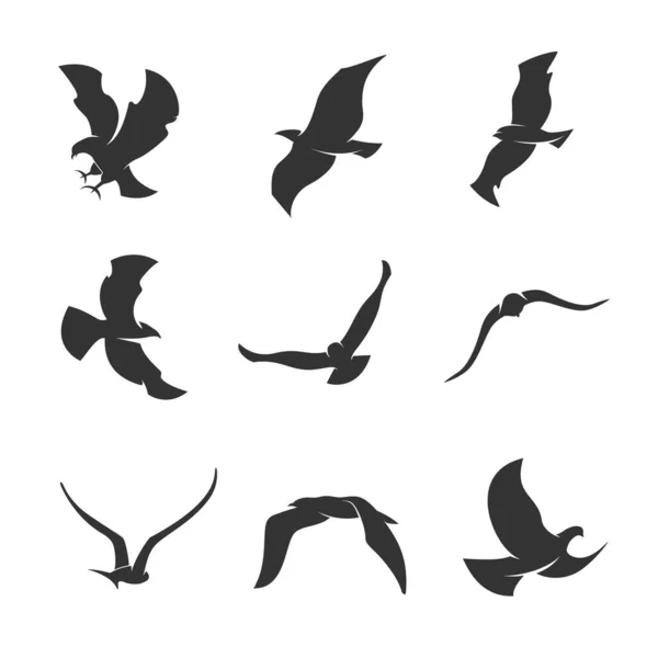Set of silhouettes of birds in motion on a white background — Stock Vector