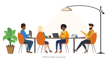 Bir proje üzerinde çalışan çeşitli ofis takımlarının düz vektör çizimi. Vektör illüstrasyonu