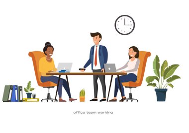 Bir proje üzerinde çalışan çeşitli ofis takımlarının düz vektör çizimi. Vektör illüstrasyonu