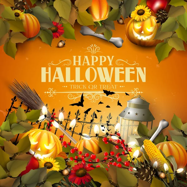 Modelo Halloween Com Abóboras Outras Decorações Tradicionais Halloween Fundo Laranja —  Vetores de Stock