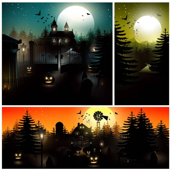 Halloween Noci Pozadí Kolekce Strašidelný Dům Děsivé Církve Ponuré Forrest — Stockový vektor