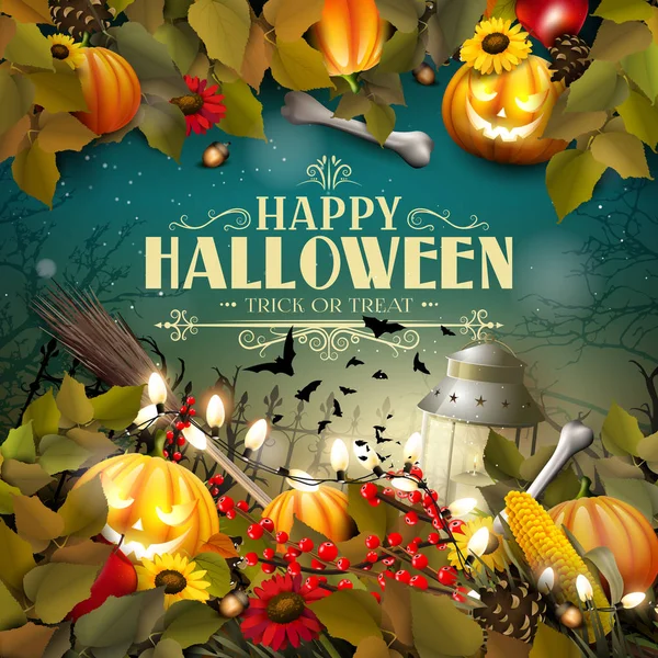 Plakat Halloween Dynie Inne Tradycyjne Dekoracje Halloween Przed Krajobraz Nocny — Wektor stockowy